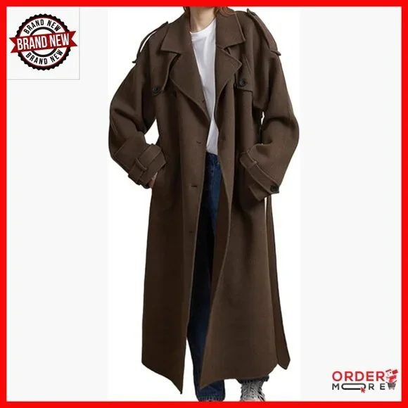 Women's Winter Peacoat Trench Coat Double Breasted Belted Long Sleeve - Picture 1 of 6